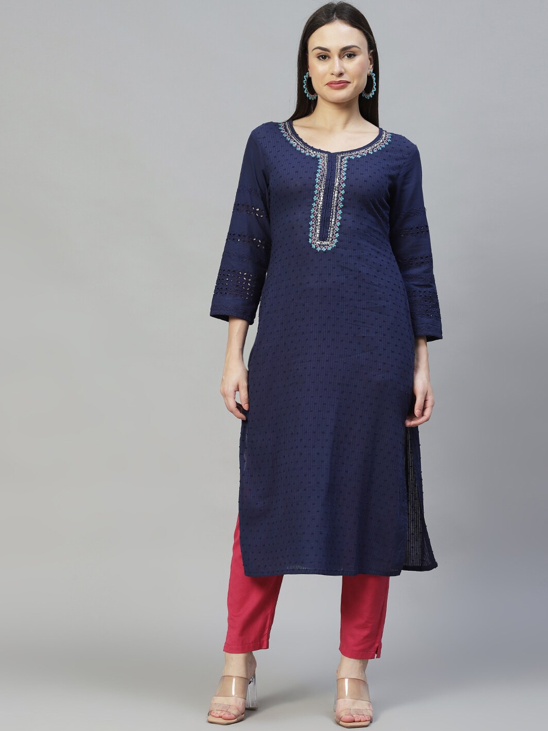 

FASHOR Women Navy Blue Geometric Yoke Design Thread Work Dobby Pure Cotton Kurta
