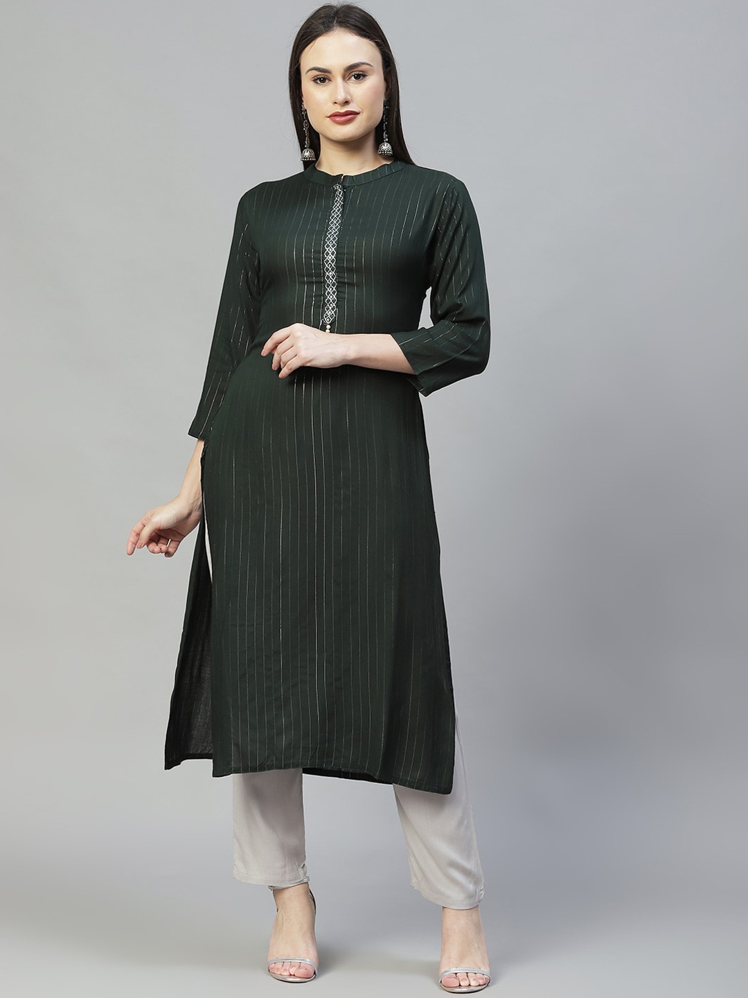 

FASHOR Women Dark Green Striped Mandarin Collar Yoke Design A Line Kurta