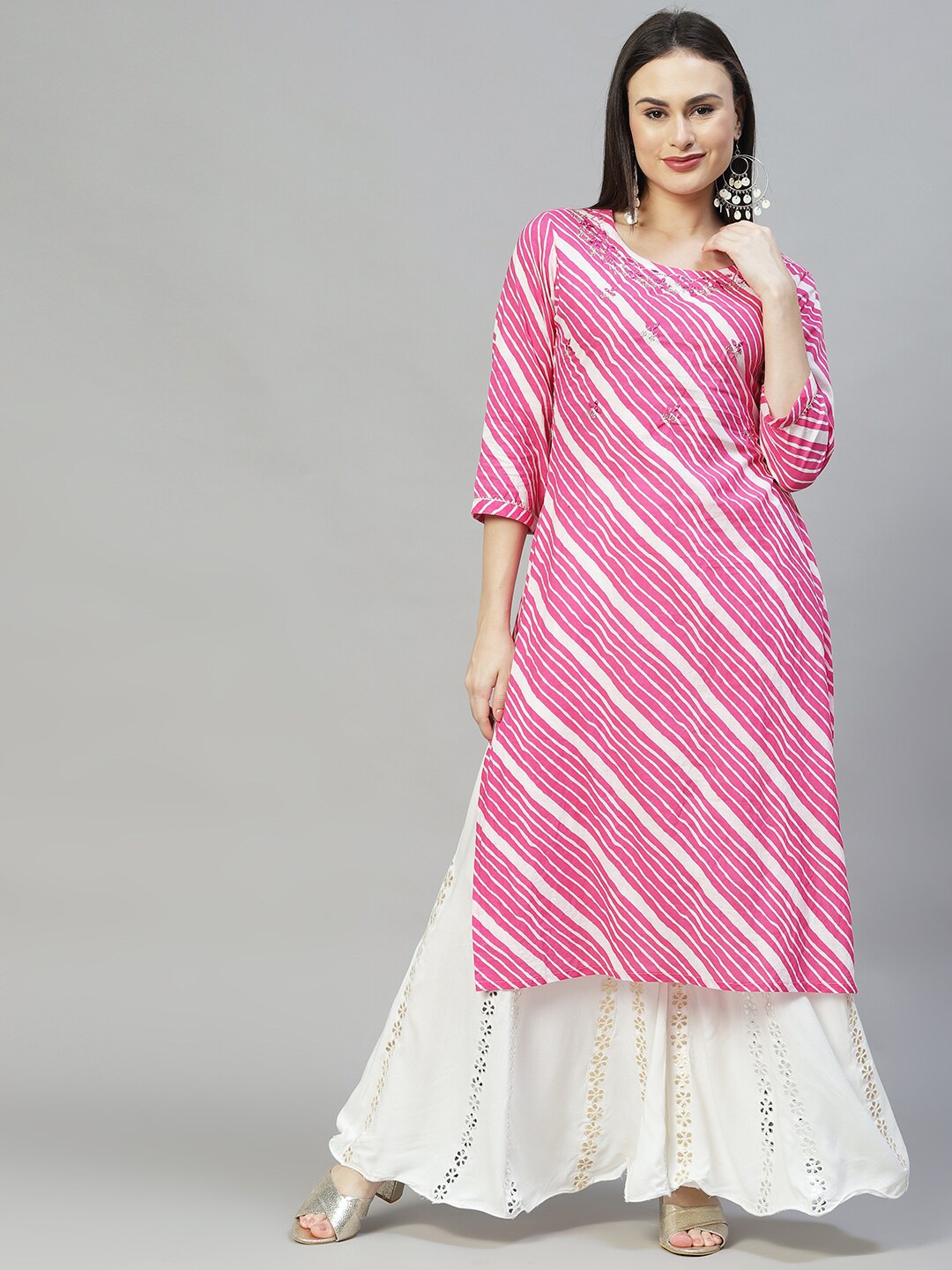 FASHOR Women Pink Striped Leheriya Kurta