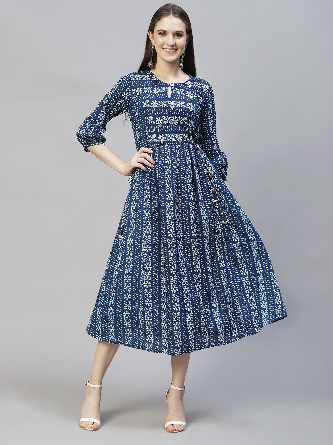 

FASHOR Women Blue & Off White Ethnic Motifs Keyhole Neck A-Line Midi Dress