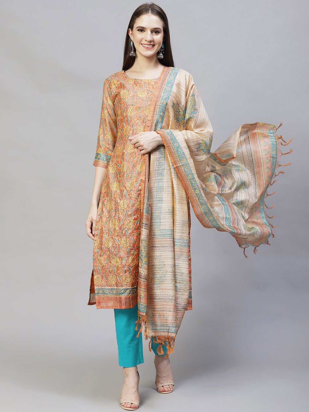 

FASHOR Women Orange Floral Printed Chanderi Silk Kurta