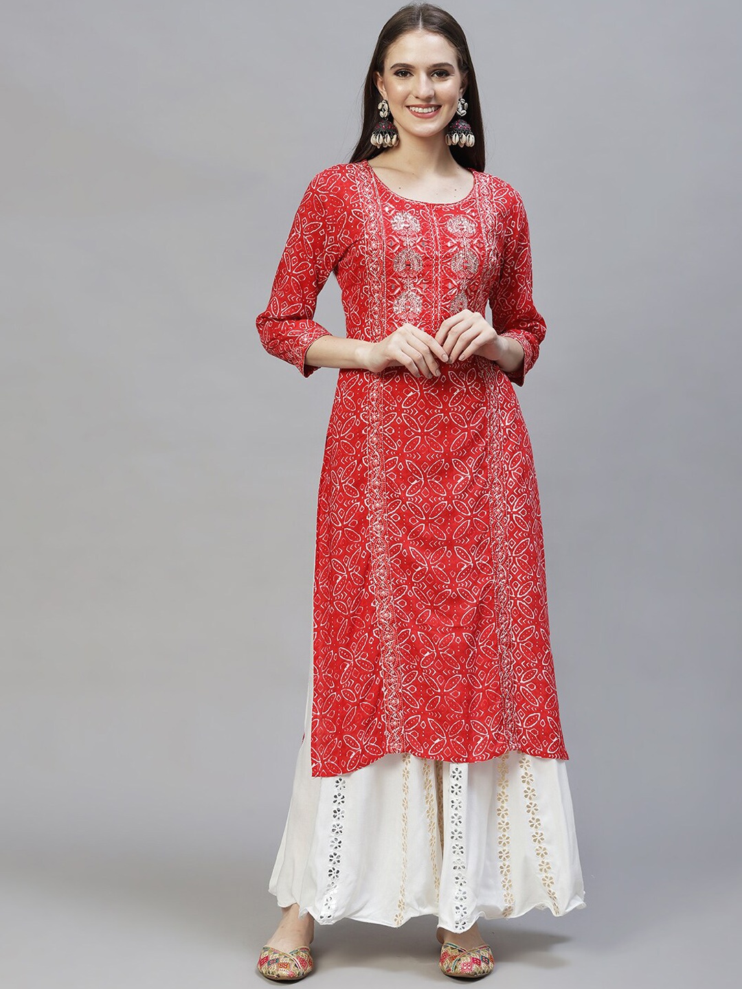 

FASHOR Women Red Ethnic Motifs Printed Mirror Work Kurta