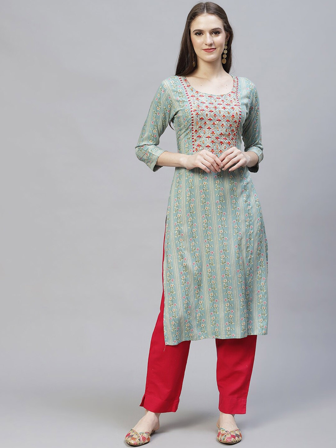 

FASHOR Women Green Ethnic Motifs Yoke Design Mirror Work Kurta