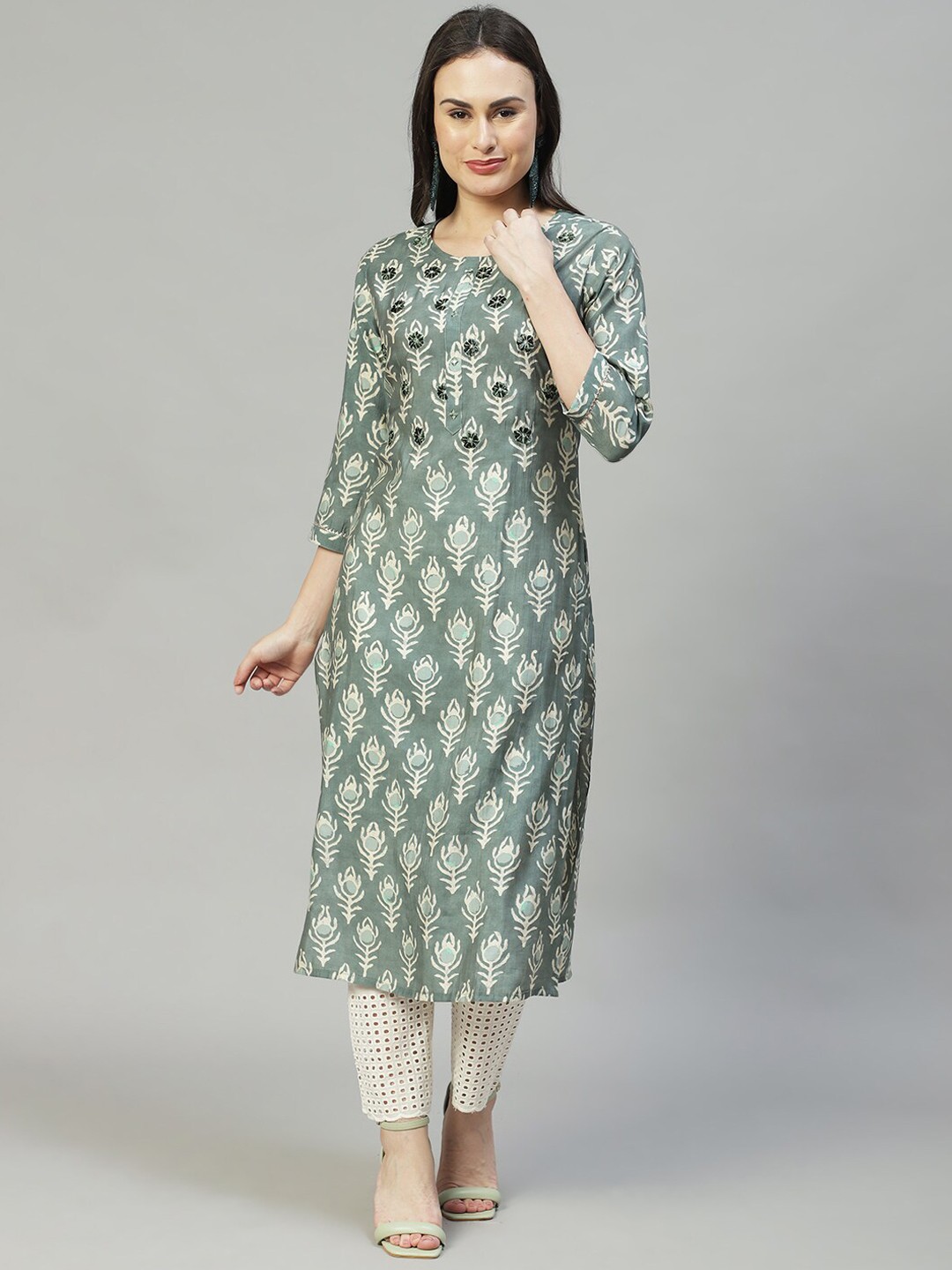 

FASHOR Women Green Ethnic Motifs Embroidered Kurta