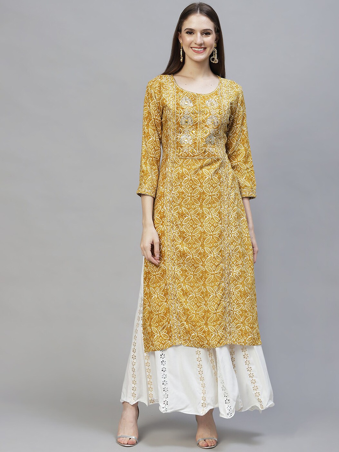 

FASHOR Women Mustard Yellow Geometric Printed Straight Kurta