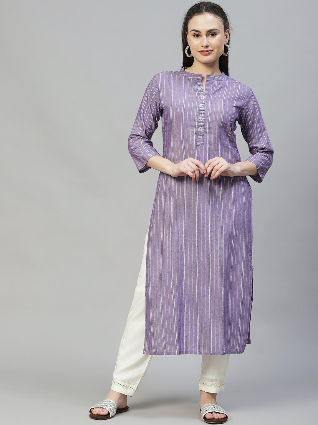 

FASHOR Women Purple Striped Kurta