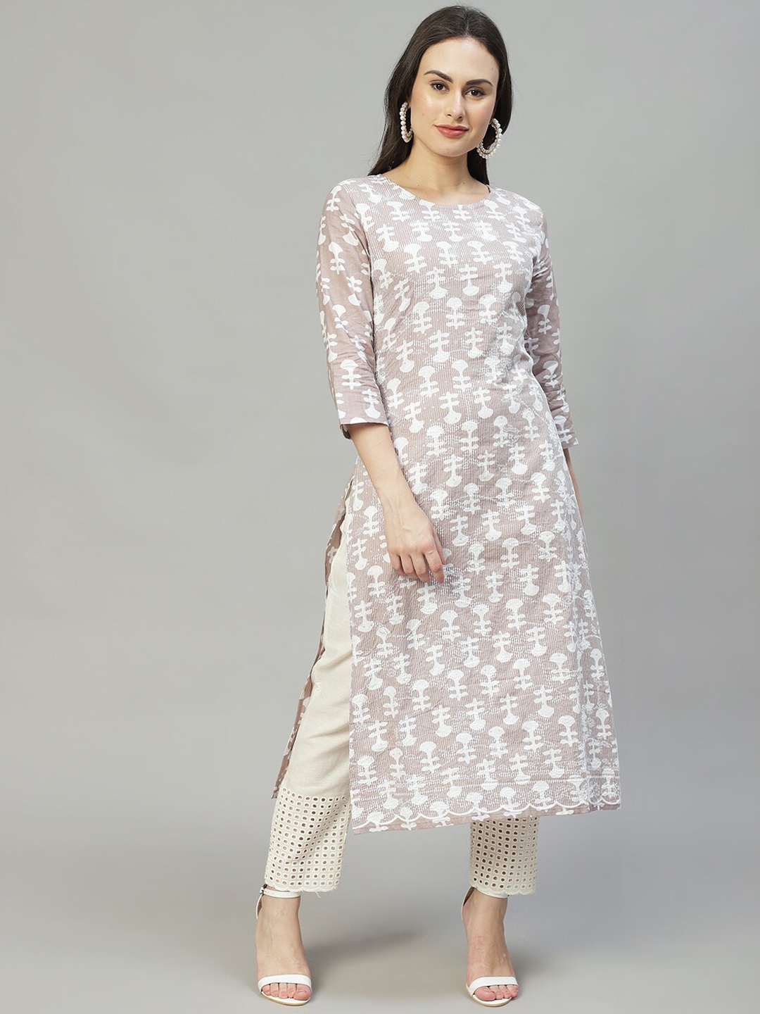 

FASHOR Women Taupe Floral Printed Cotton Kurta