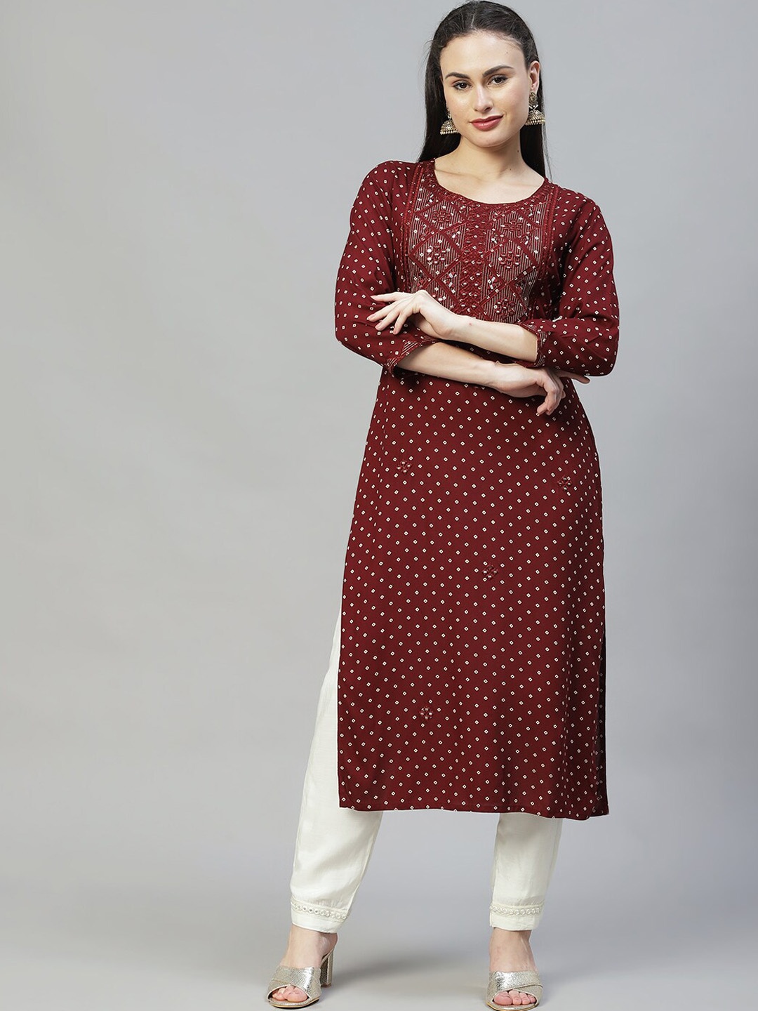 

FASHOR Women Brown Ethnic Motifs Embroidered Straight Mirror Work Kurta