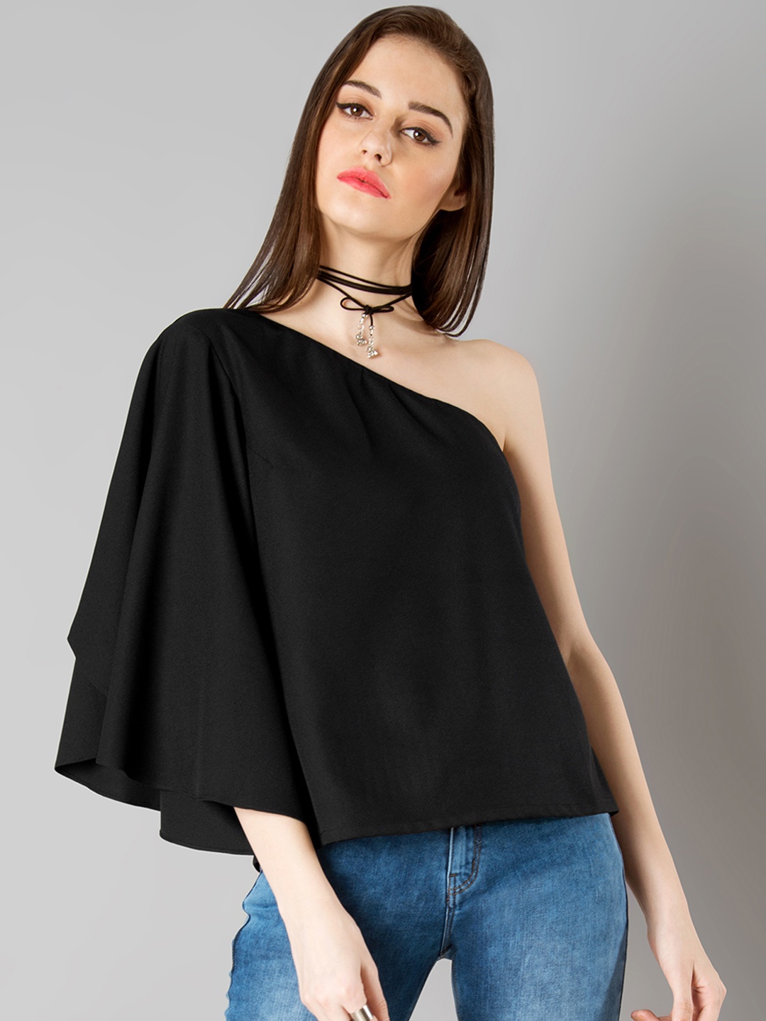 

FabAlley Women Black Solid One-Shoulder Top