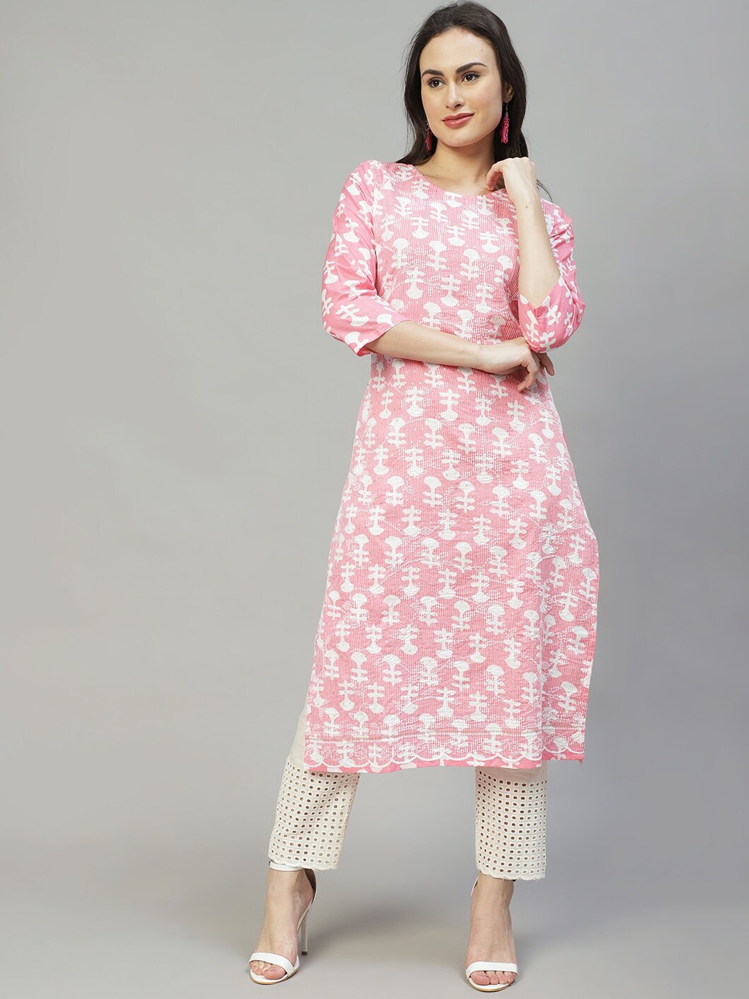 

FASHOR Women Pink Ethnic Motifs Printed Keyhole Neck Kurta