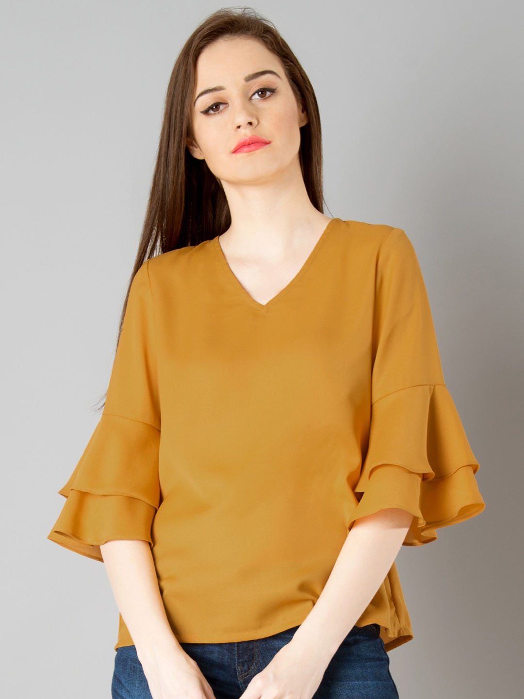 

FabAlley Women Mustard Brown Solid Top