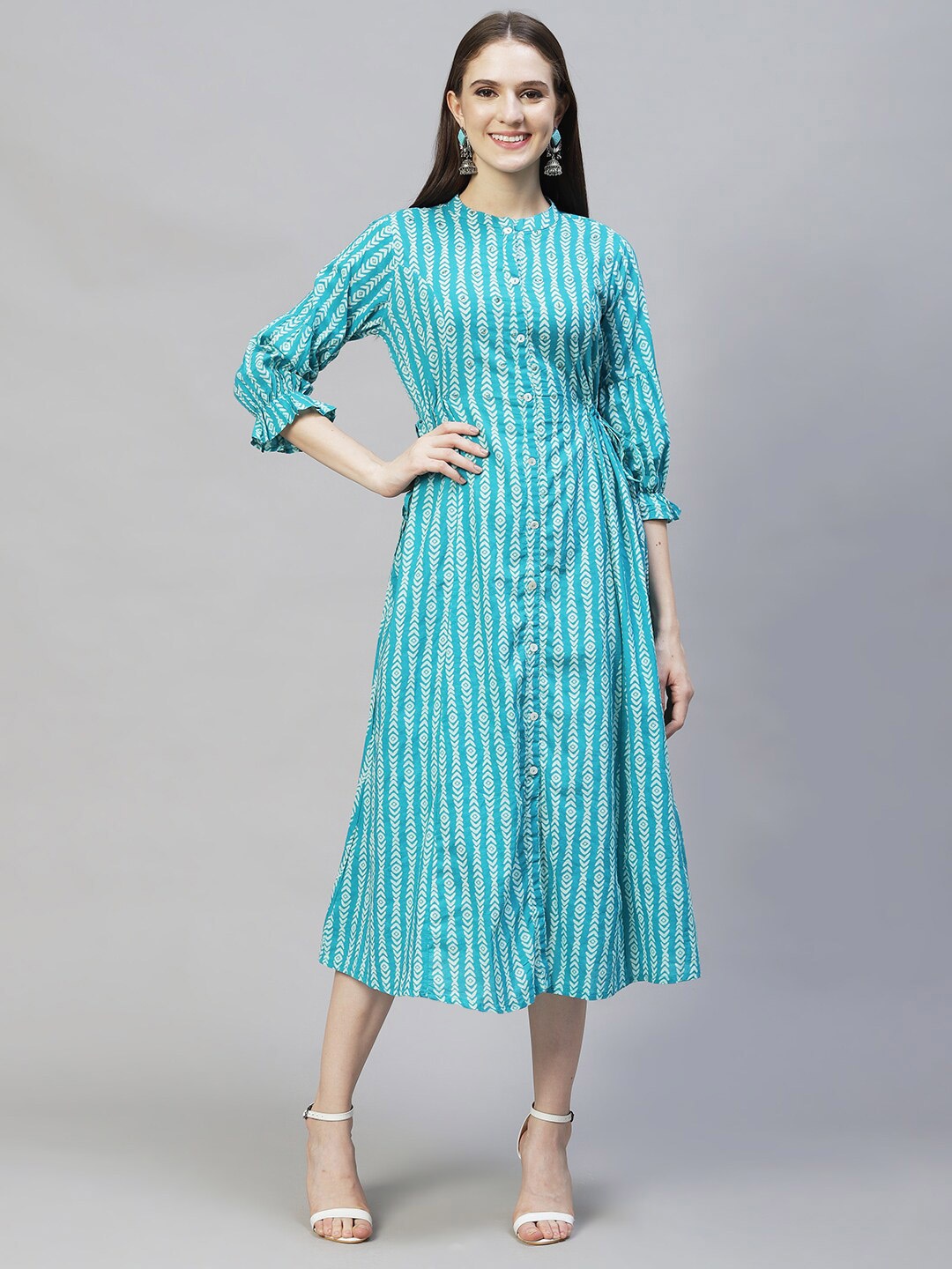 

FASHOR Women Turquoise Blue & Off White A-Line Midi Dress