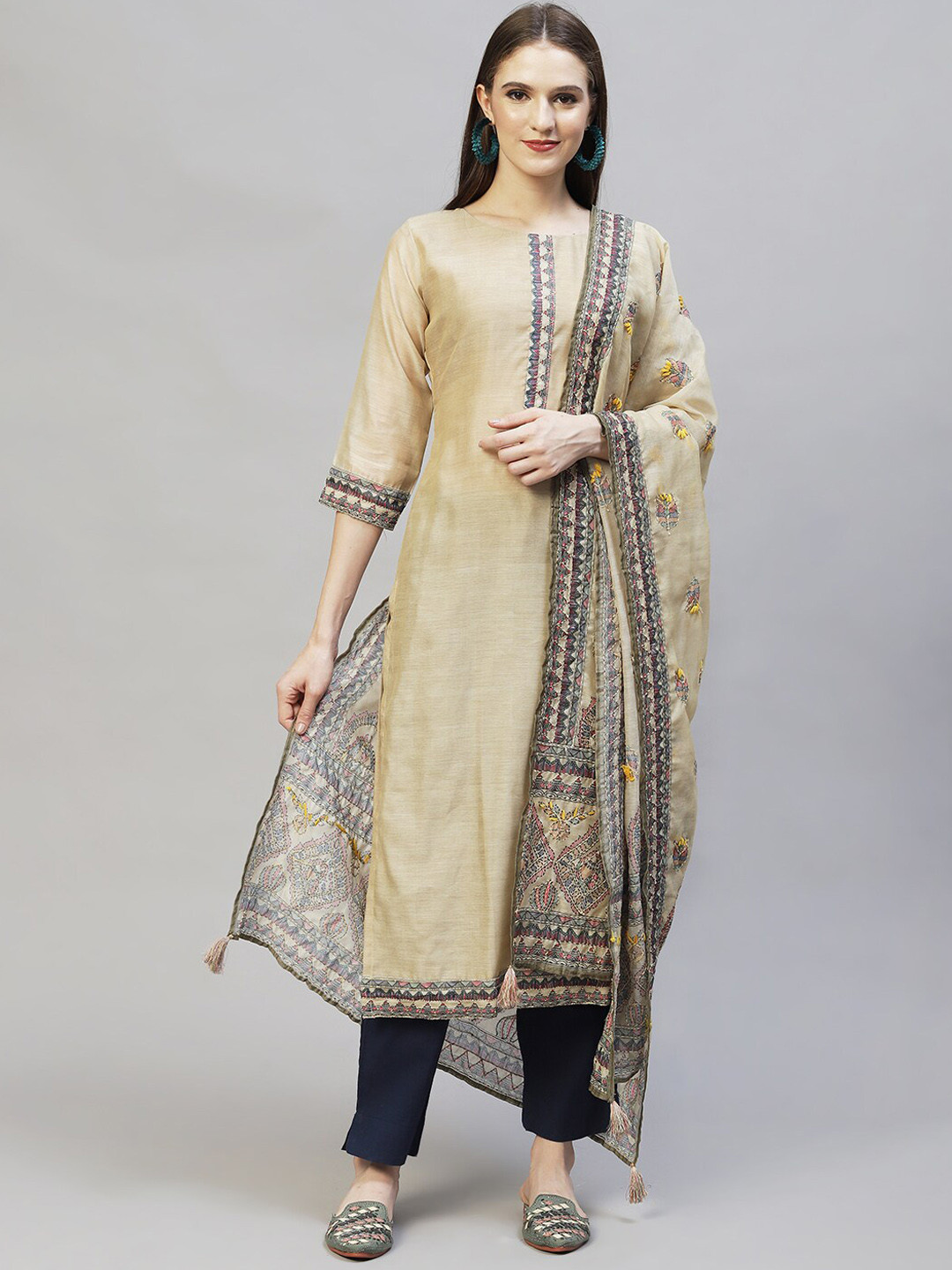 

FASHOR Women Beige Ethnic Motifs Printed Chanderi Silk Kurta