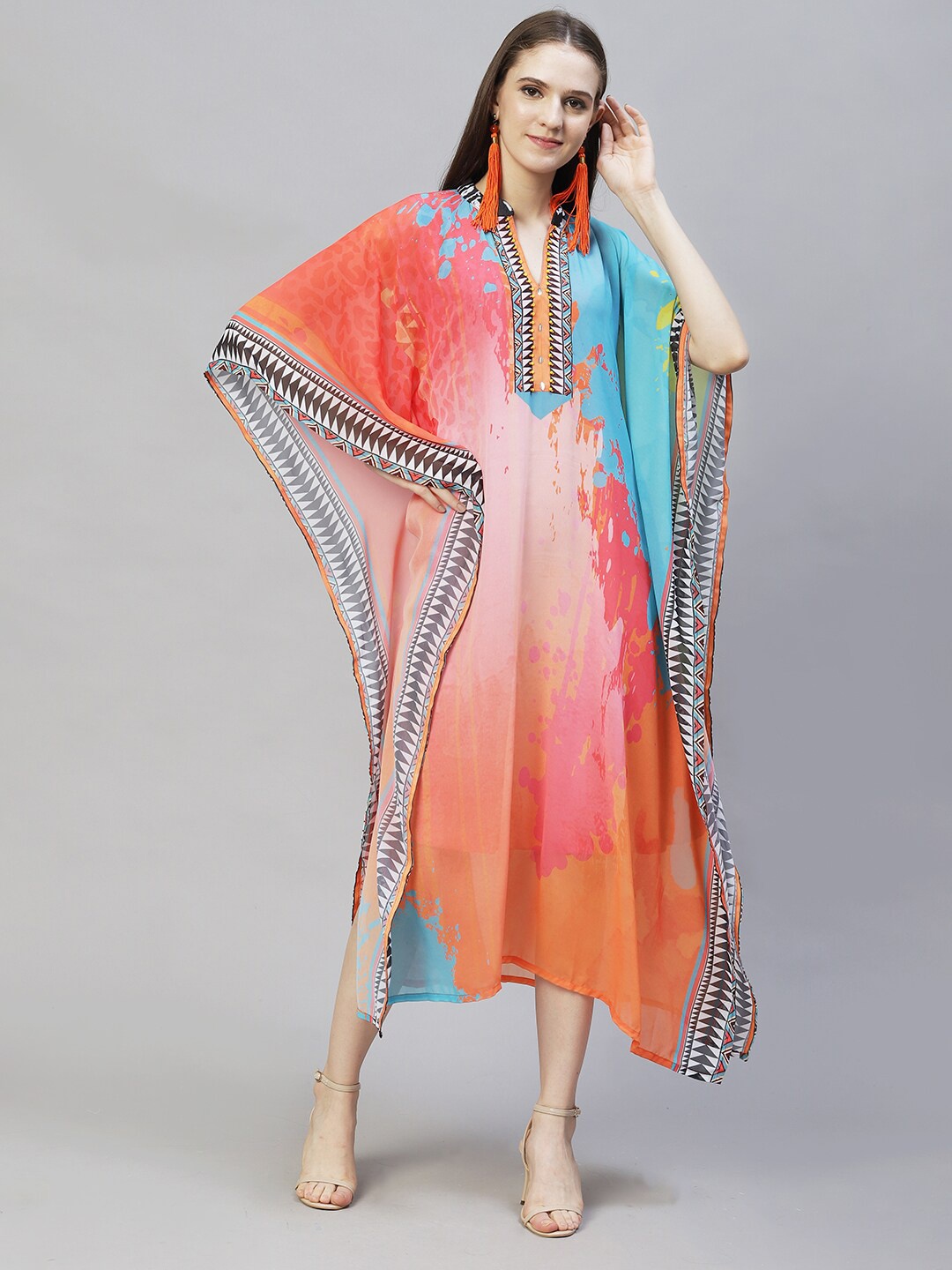 

FASHOR Women Orange & Blue Georgette Hand Embroidered Kaftan Maxi Dress
