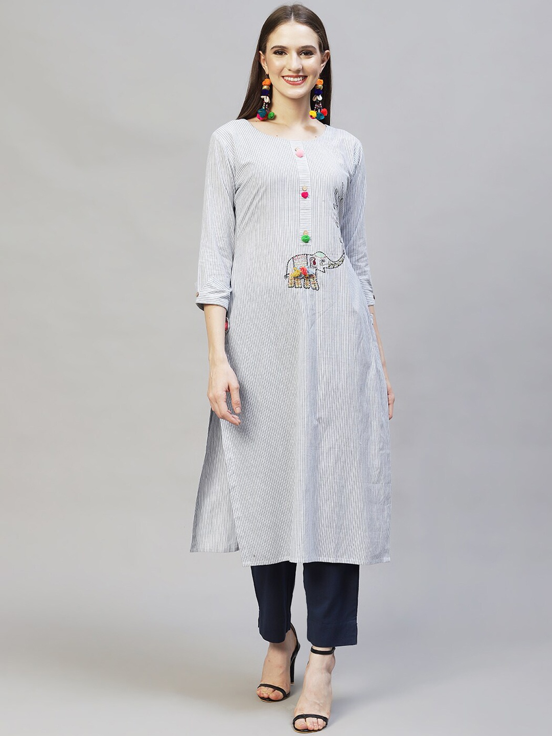 

FASHOR Women White Printed Striped Embroidered Straight Kurta