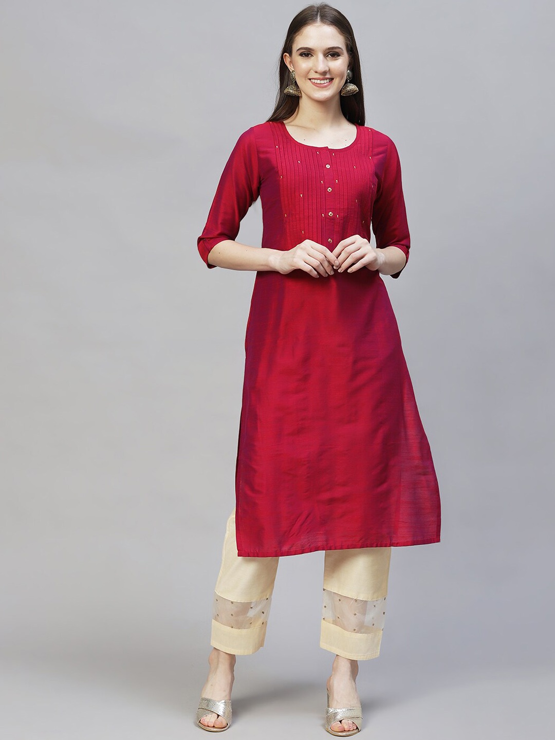 

FASHOR Women Maroon Ethnic Motifs Embroidered Thread Work Cotton Silk Kurta