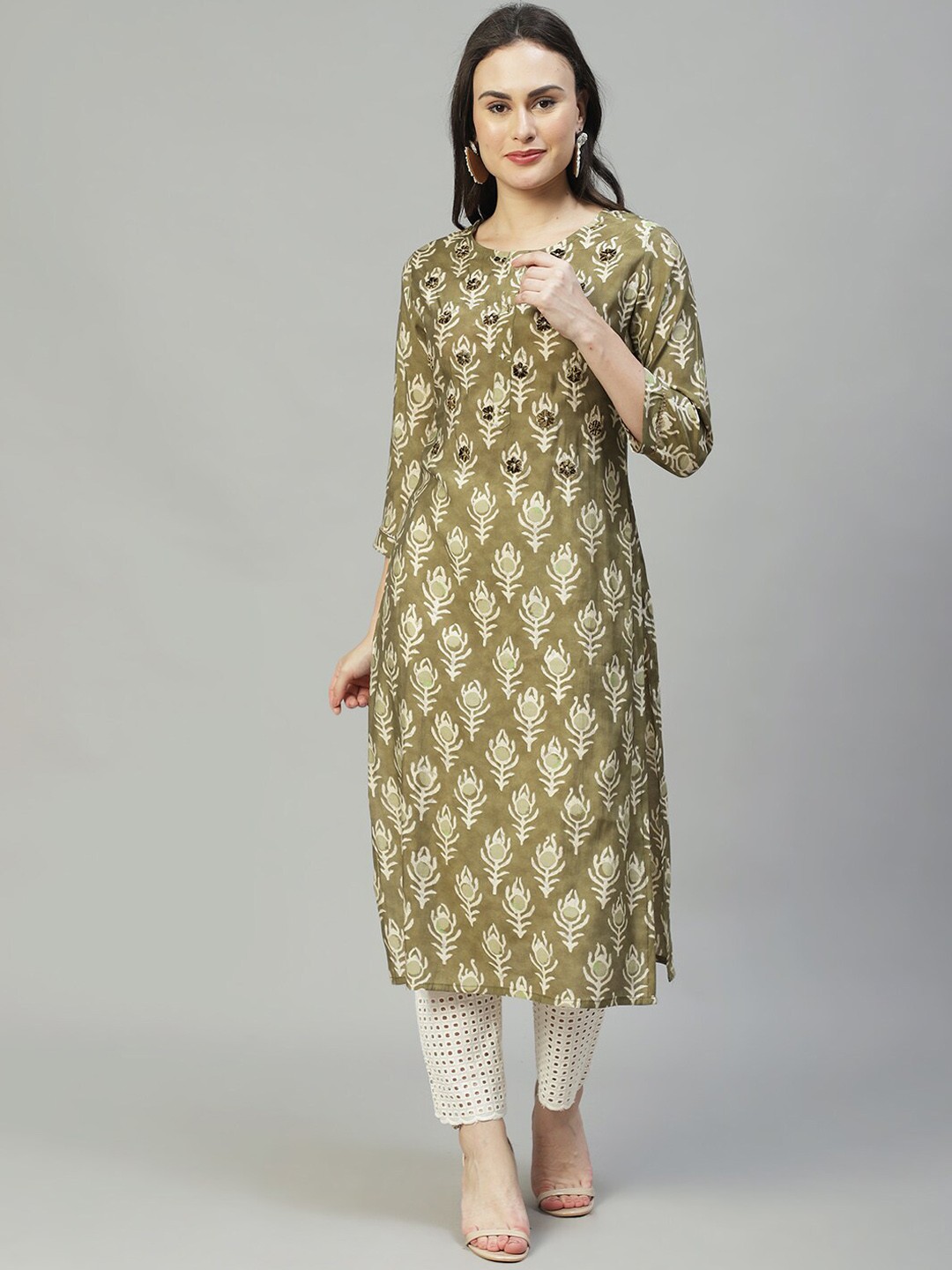 

FASHOR Women Olive Green & Off White Printed Ethnic Motifs Embroidered Kurta