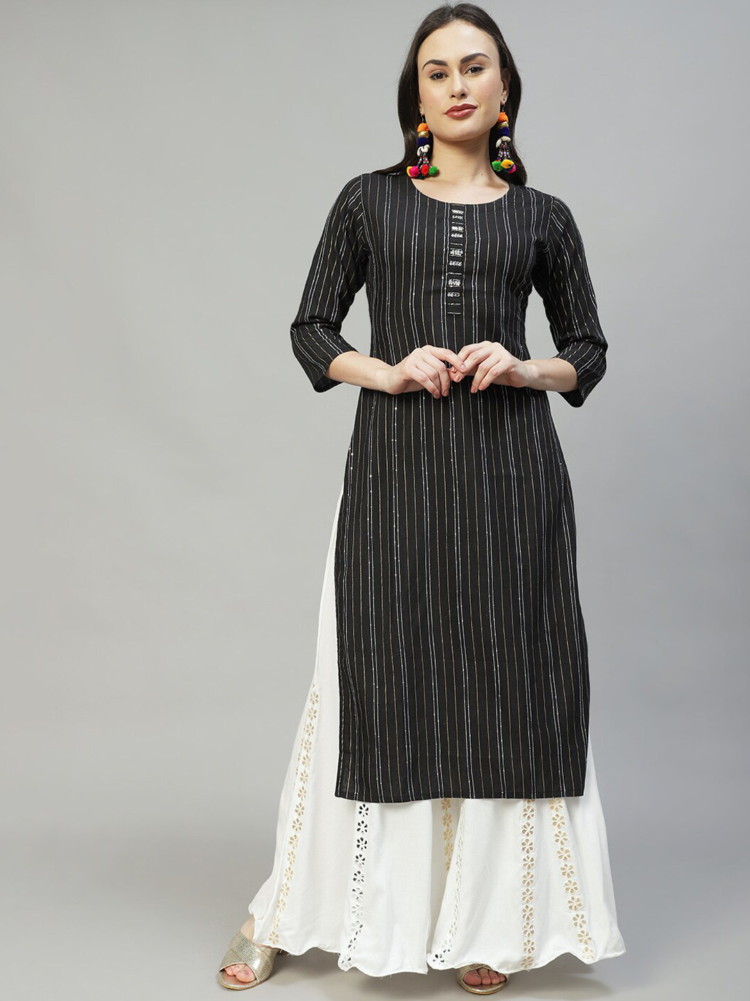 

FASHOR Women Black Embroidered Cotton Kurta