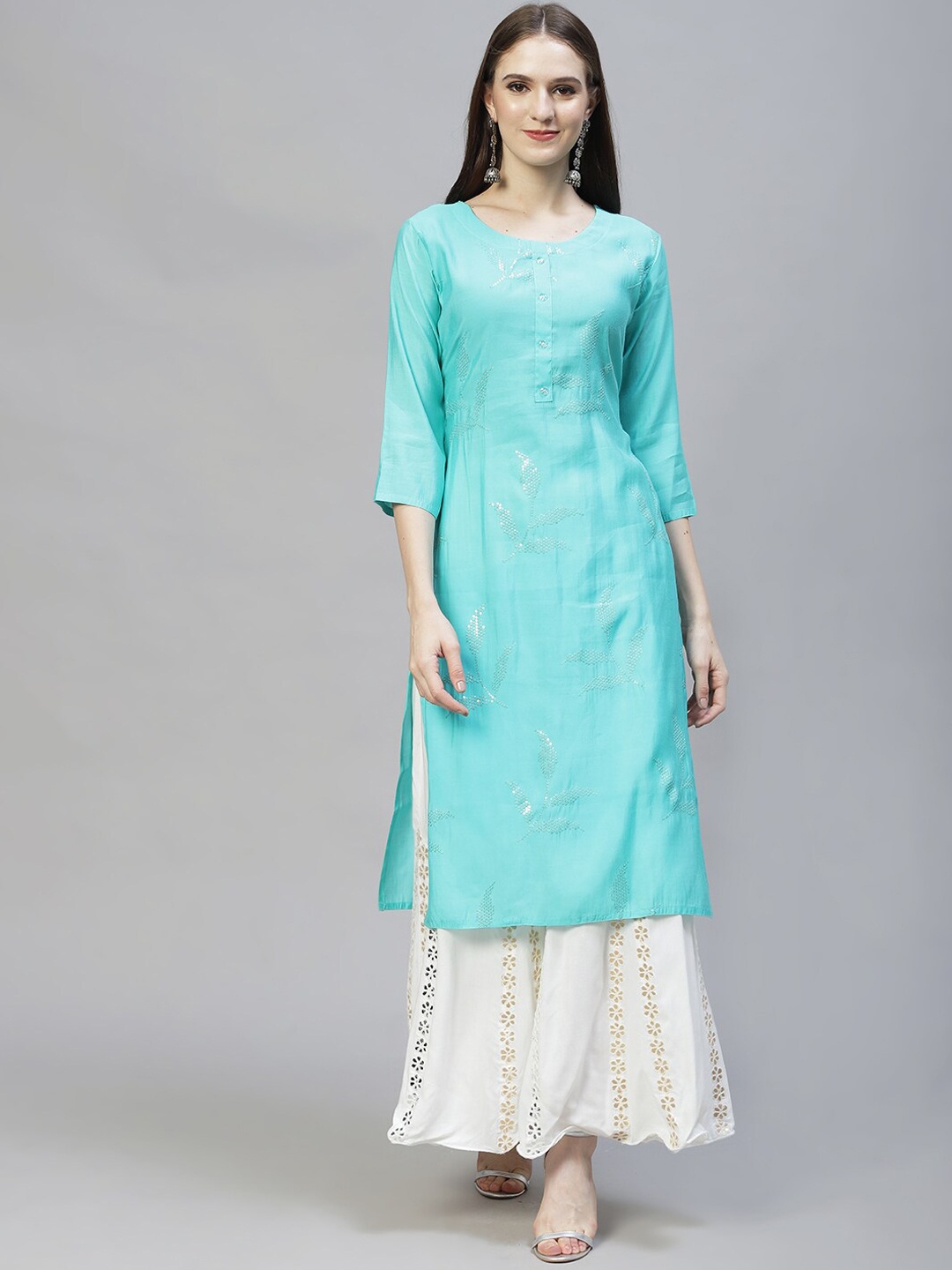 

FASHOR Women Aqua Blue Sequins Embroidered Chanderi Silk Kurta