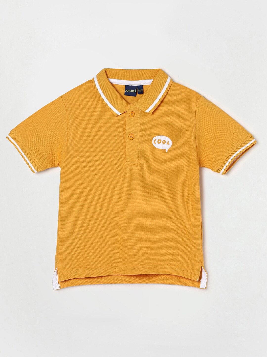 

Juniors by Lifestyle Boys Mustard Yellow & Off White Typography Polo Collar Pure Cotton T-shirt