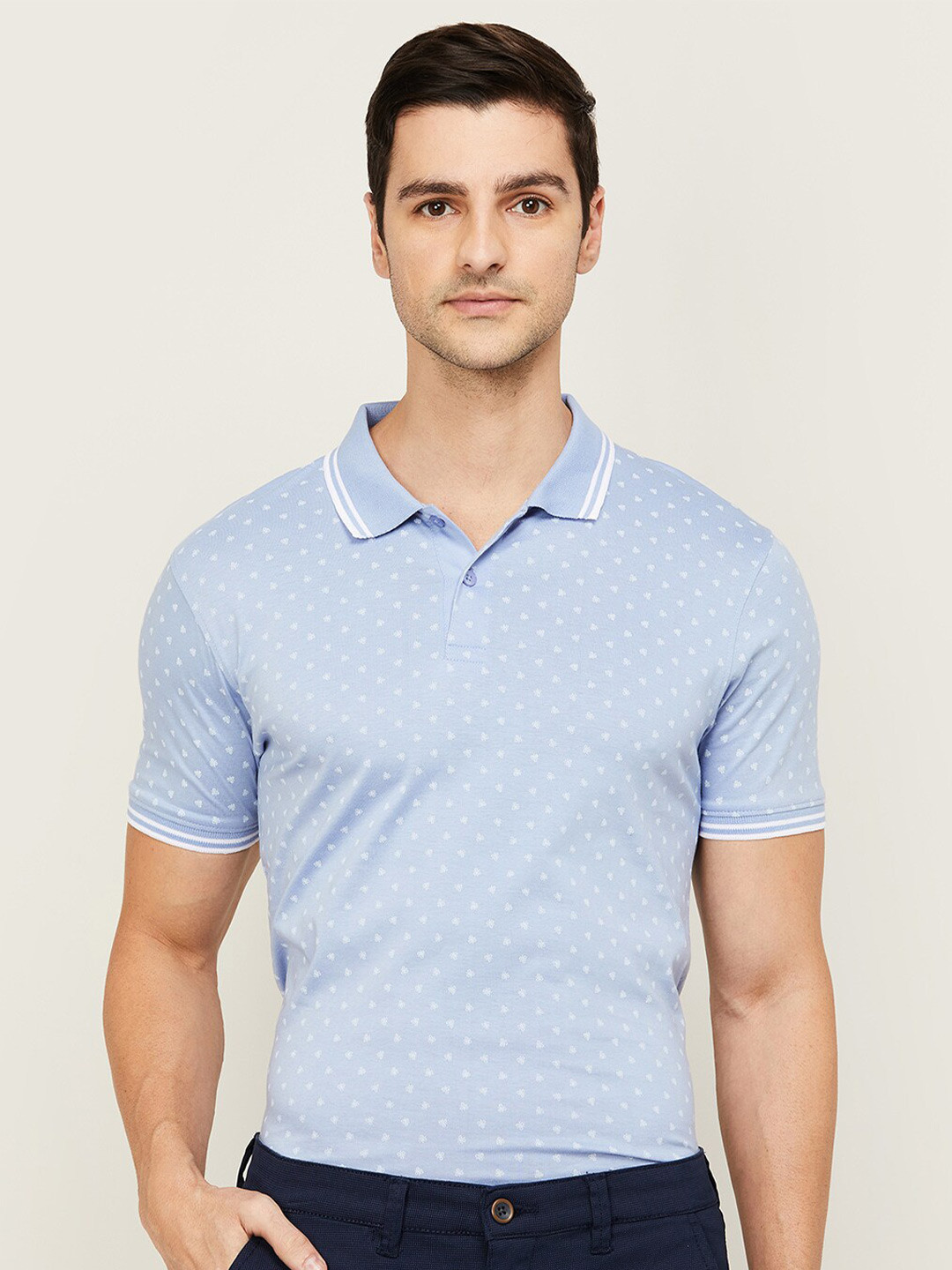

CODE by Lifestyle Men Blue Printed Polo Collar Pure Cotton T-shirt