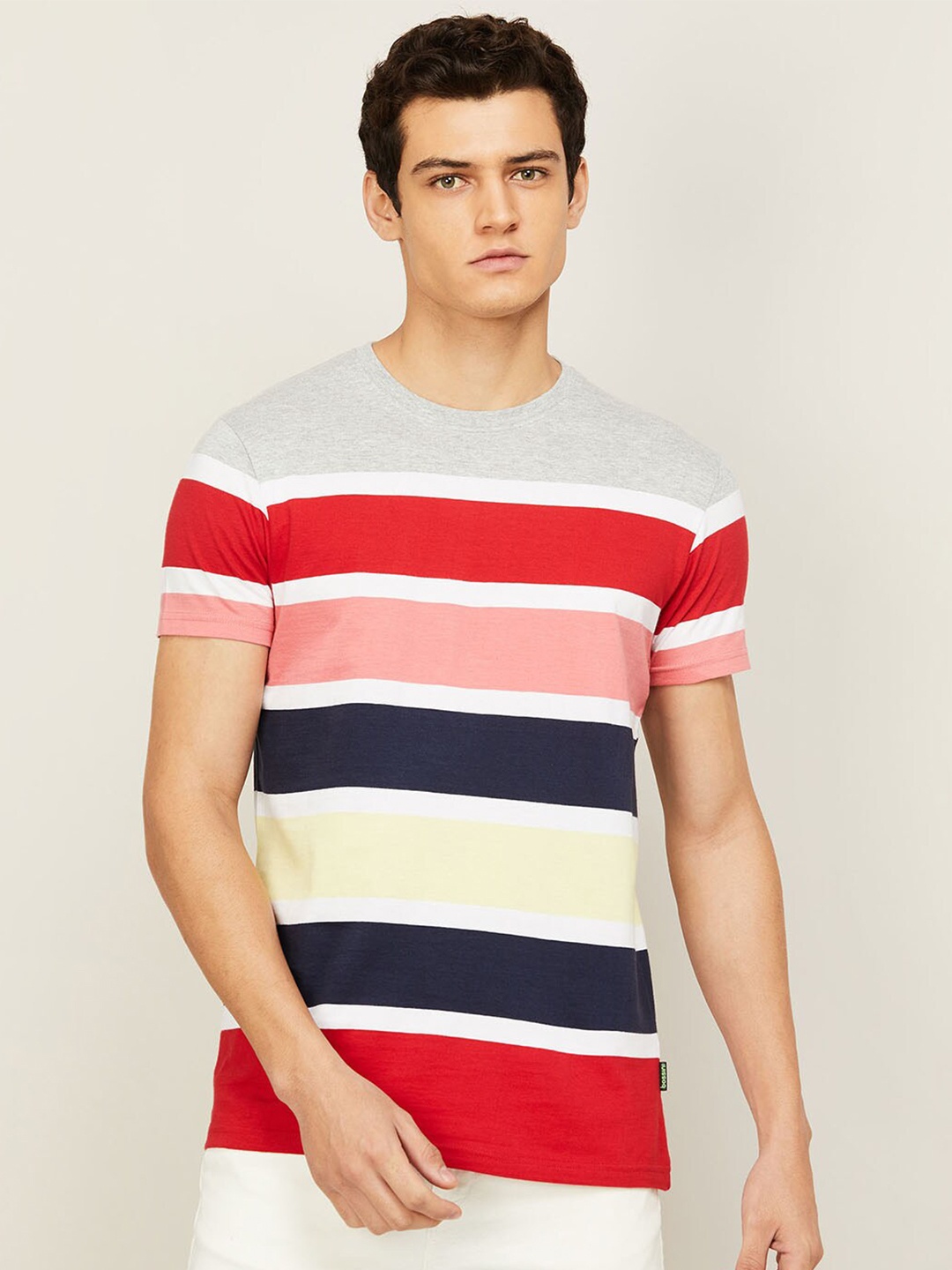 

Bossini Men White & Red Striped Pure Cotton T-shirt