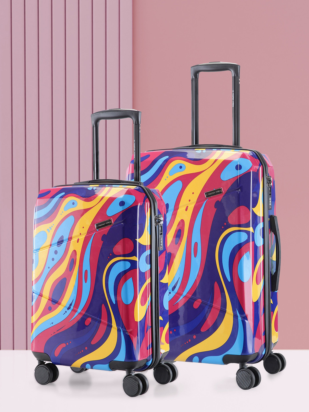 

Nasher Miles Set Of 2 Blue & Pink Printed Hard-Sided Large Trolley Suitcases