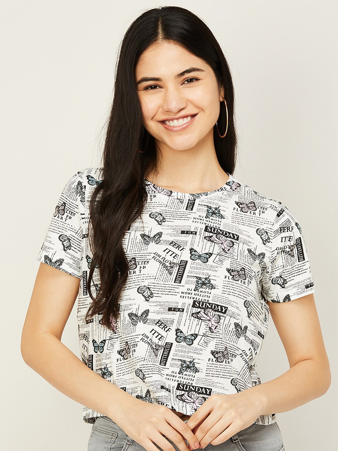 

Ginger by Lifestyle Women White Printed Pure Cotton T-shirt