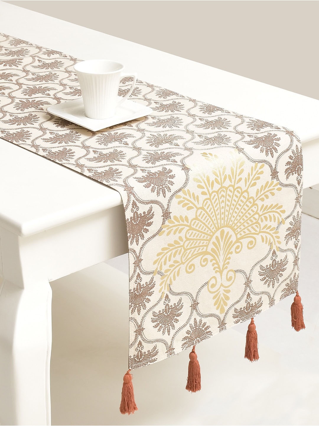 BLANC9 Brown & White Printed Pure Cotton 4/6 Seater Runners