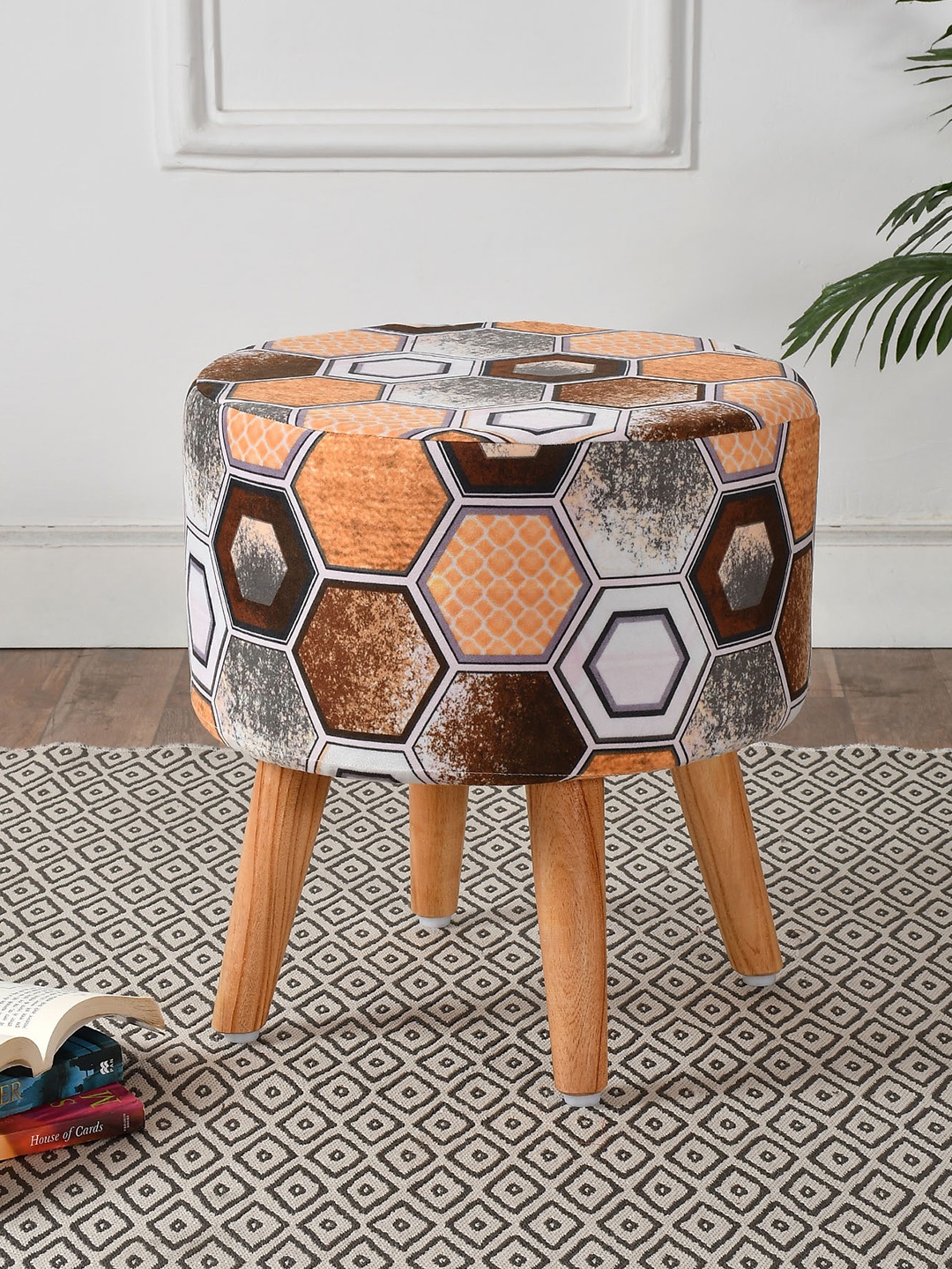 

RIANCE CREATIONS Orange Printed Ottoman With Wooden Legs