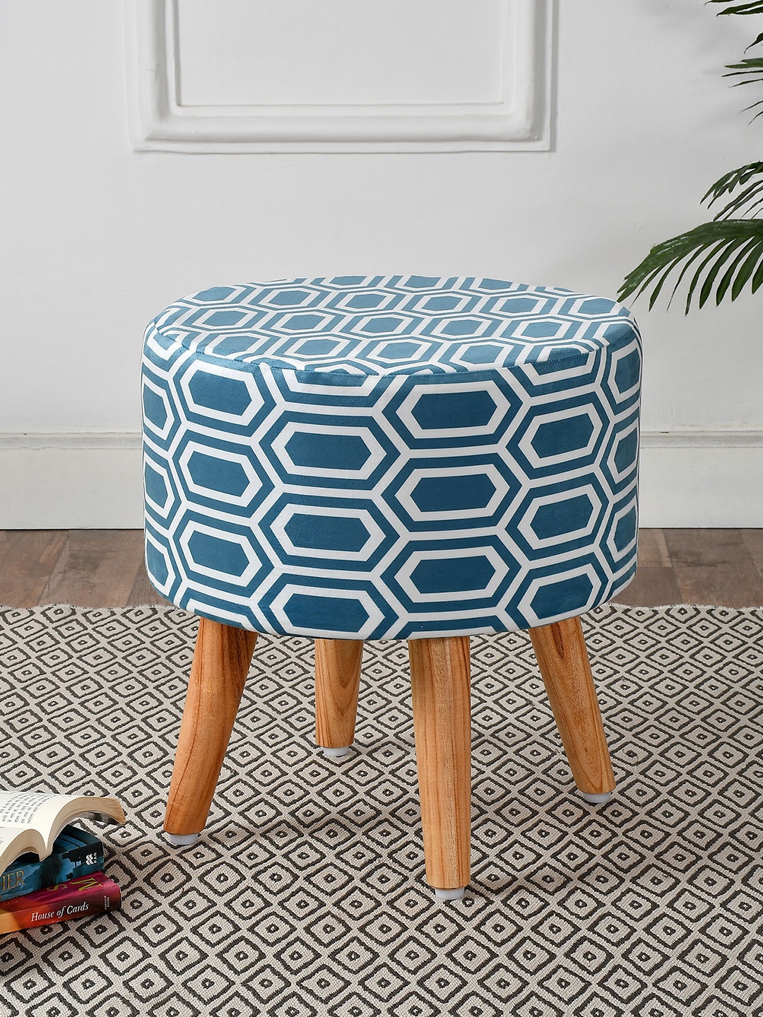 

RIANCE CREATIONS Blue Geometric Printed Round Ottomans