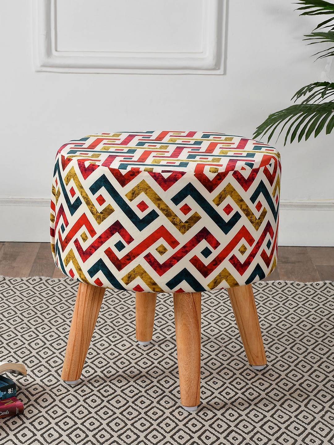 

RIANCE CREATIONS White & Red Printed Wooden Ottomans