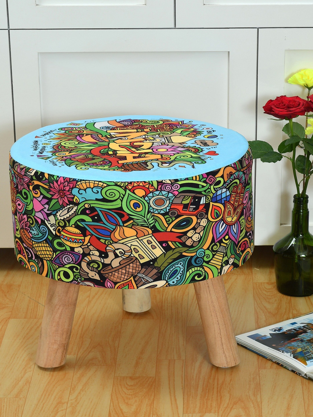

RIANCE CREATIONS Blue Printed Ottoman With Wooden Legs