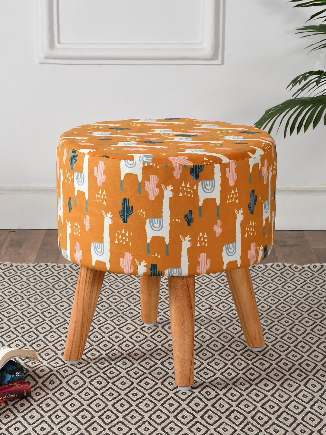 

RIANCE CREATIONS Brown Printed Ottoman With Wooden Legs