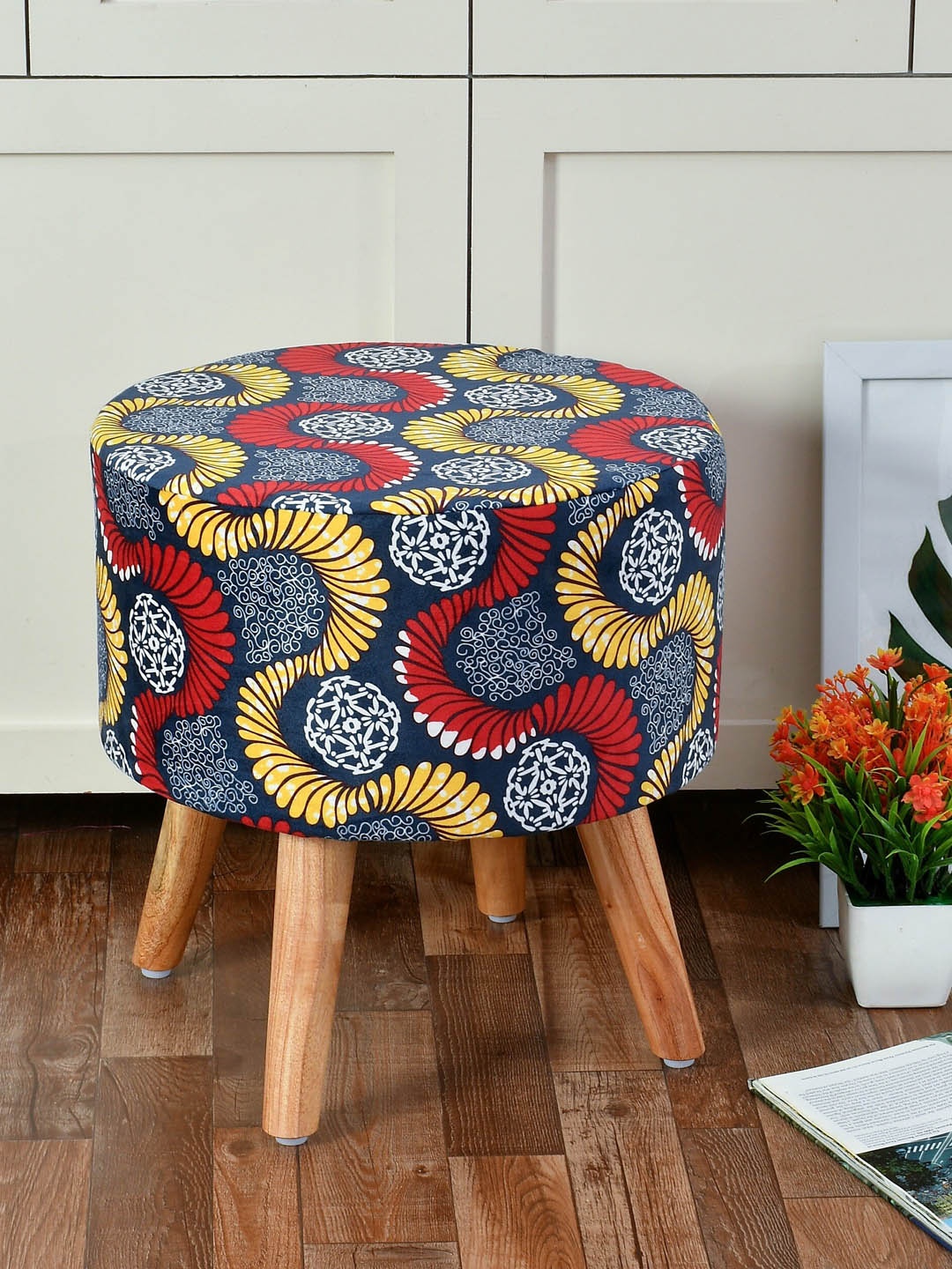 

RIANCE CREATIONS Blue, Yellow & Red Printed Wooden Ottomans