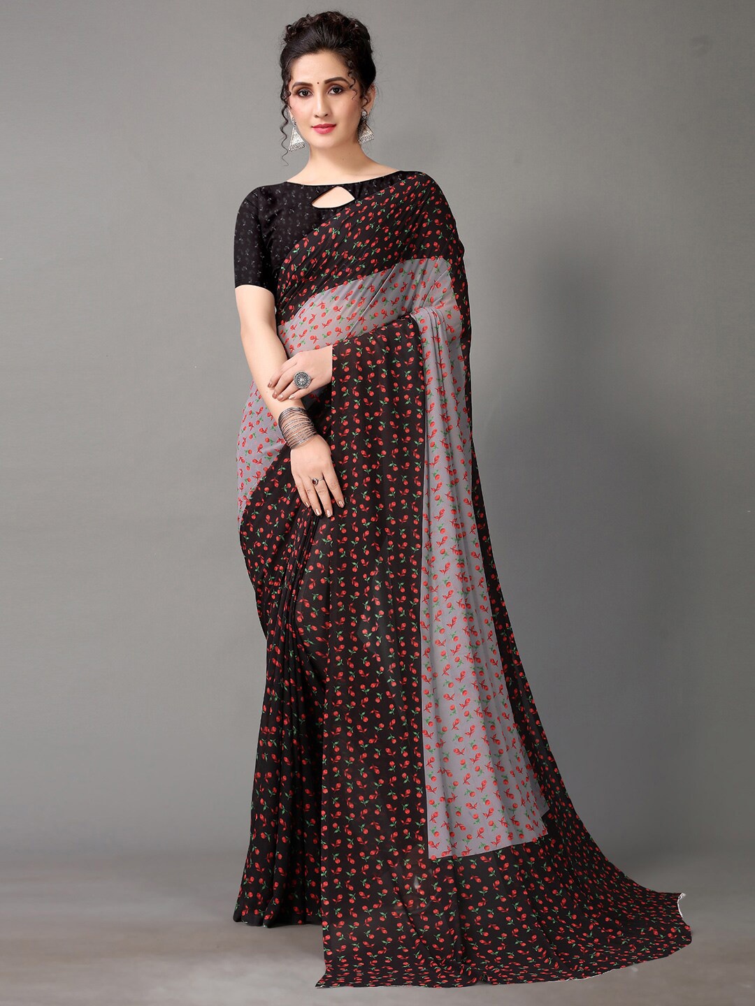 

HRITIKA Black & Grey Floral Pure Georgette Saree