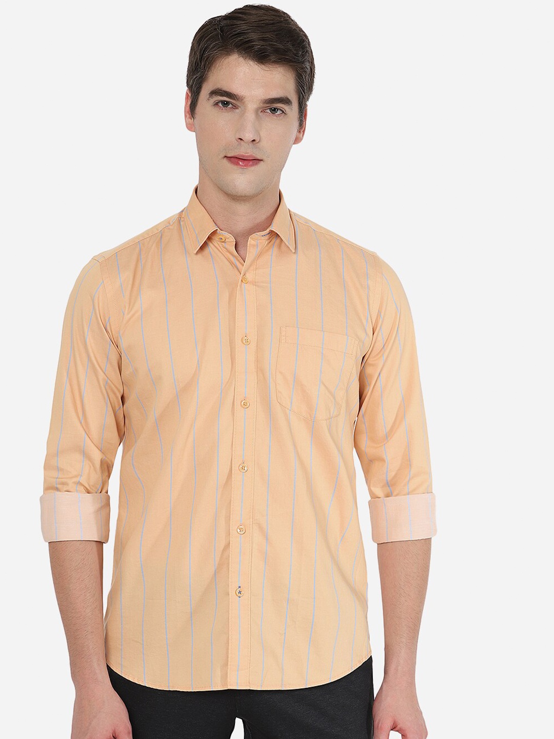 

Greenfibre Men cotton Orange Tight Slim Fit Striped Casual Shirt