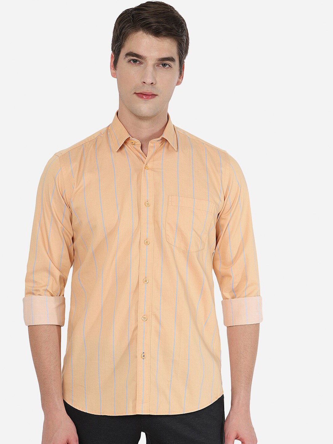

Greenfibre Men cotton Orange Tight Slim Fit Striped Casual Shirt