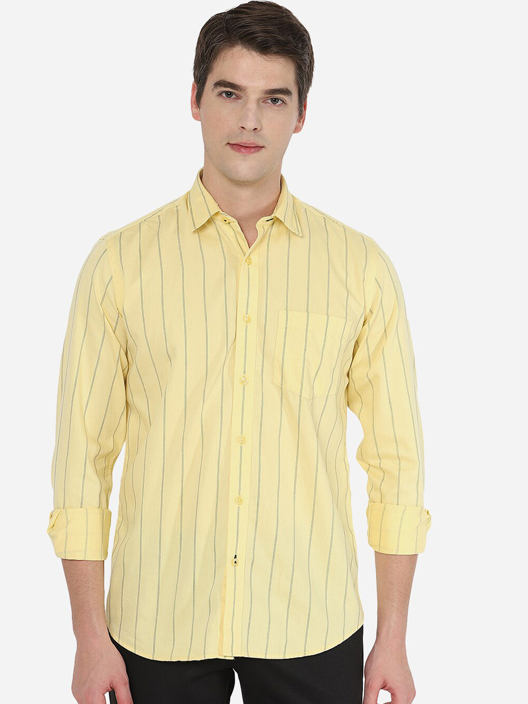 

Greenfibre Men Yellow Tight Slim Fit Striped Cotton Casual Shirt