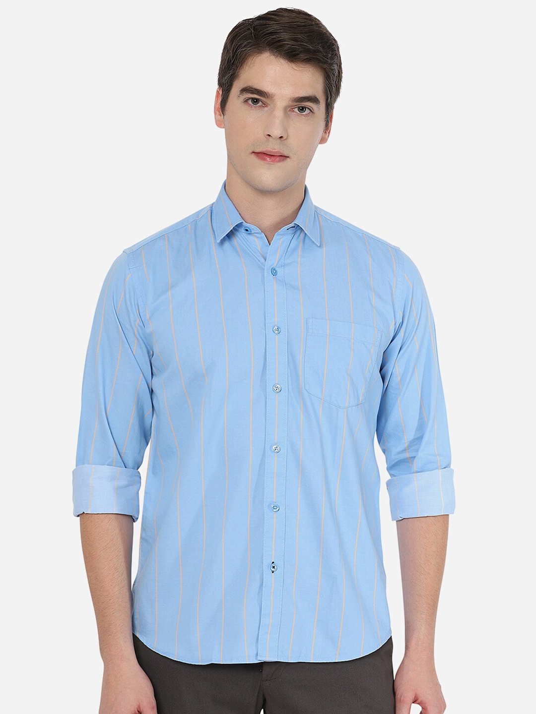 

Greenfibre Men Blue Tight Slim Fit Striped Cotton Casual Shirt