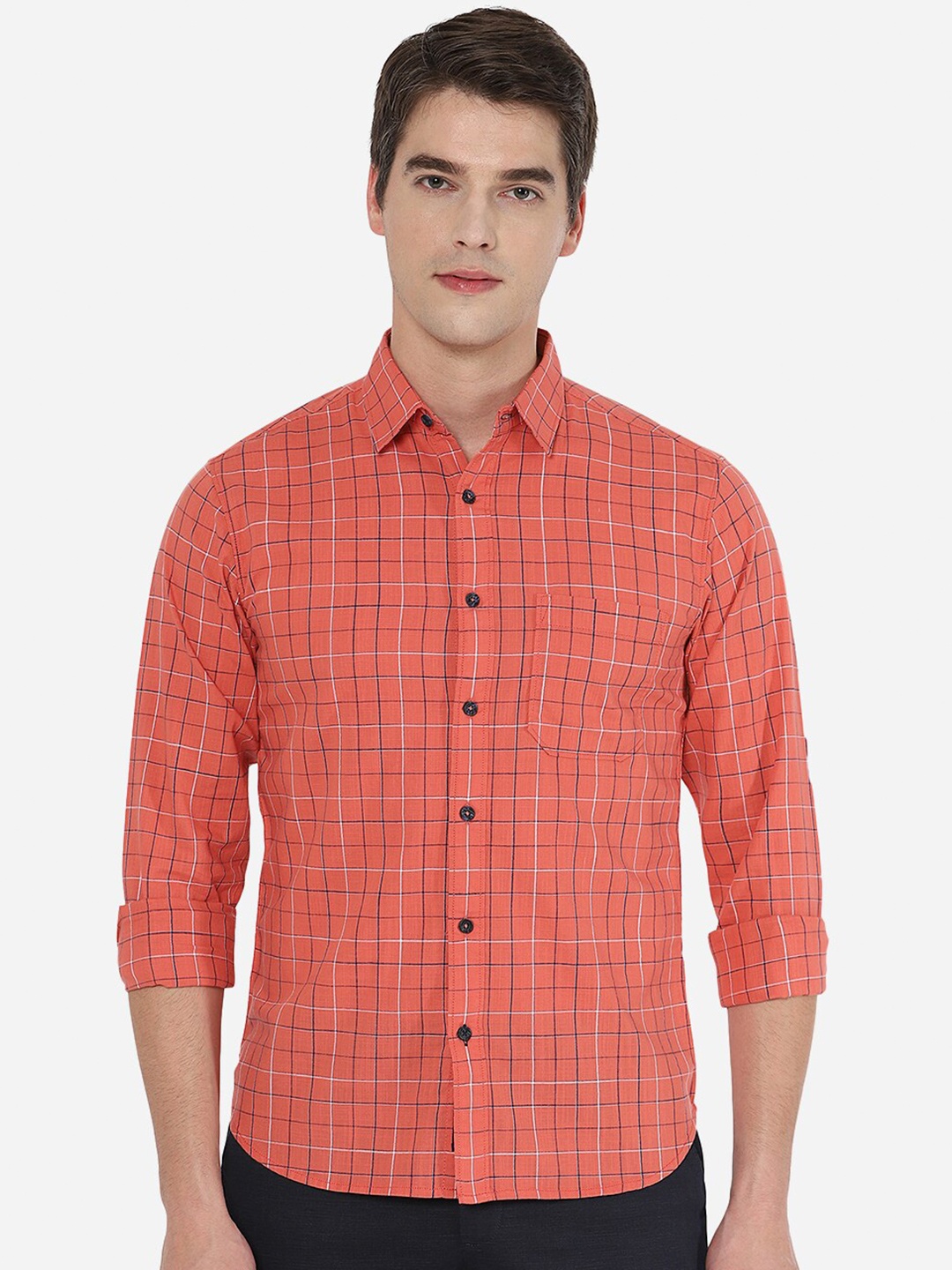 

Greenfibre Men Orange Tight Slim Fit Tartan Checks Checked Casual Shirt
