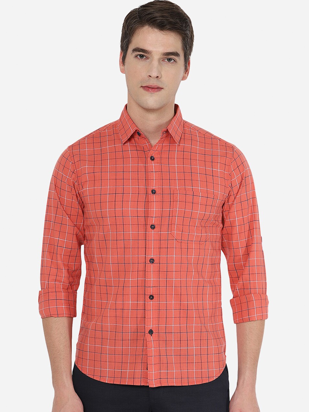 

Greenfibre Men Tight Slim Fit Tartan Checks Checked Casual Shirt, Orange