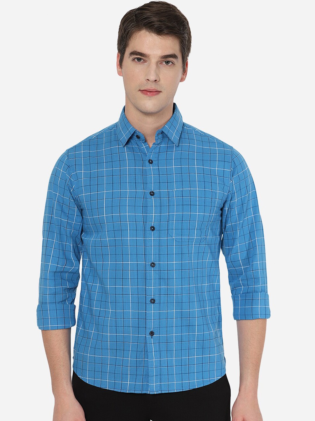 

Greenfibre Men Blue Tight Slim Fit Tartan Check Cotton Casual Shirt