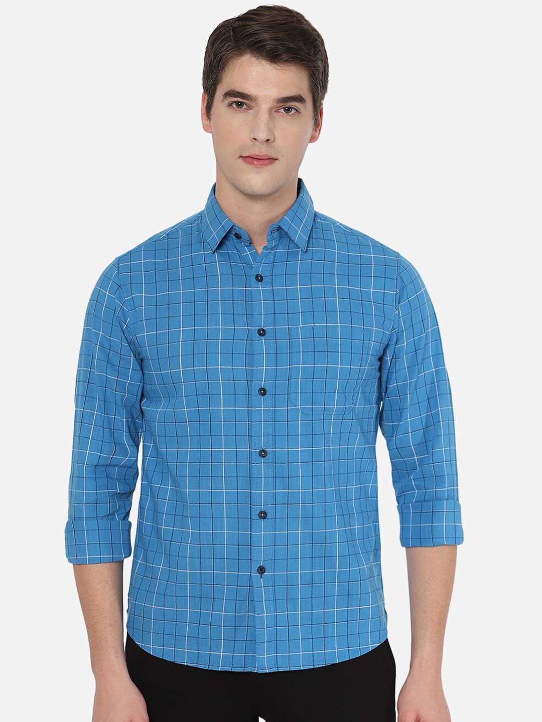 

Greenfibre Men Tight Slim Fit Tartan Check Cotton Casual Shirt, Blue
