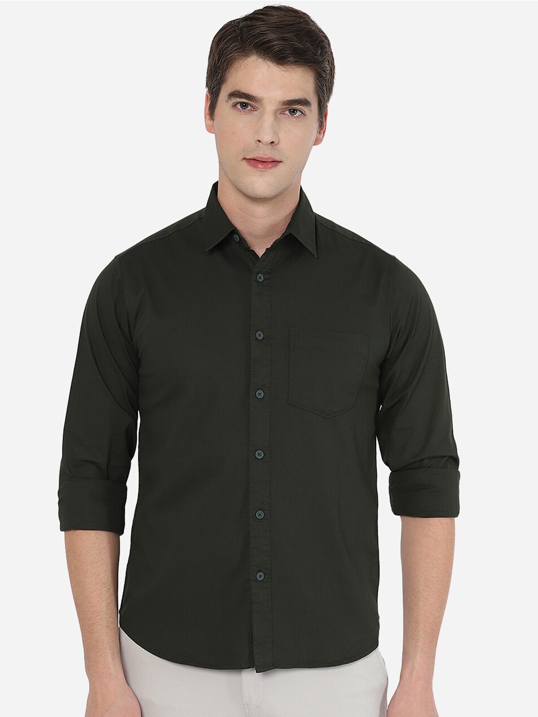 

Greenfibre Men Olive Green Tight Slim Fit Casual Shirt