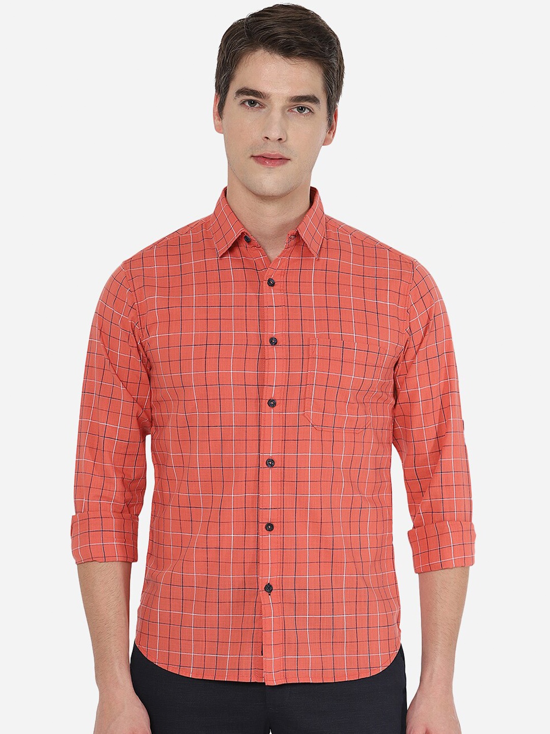 

Greenfibre Men Orange Tight Slim Fit Tartan Checks Checked Casual Shirt