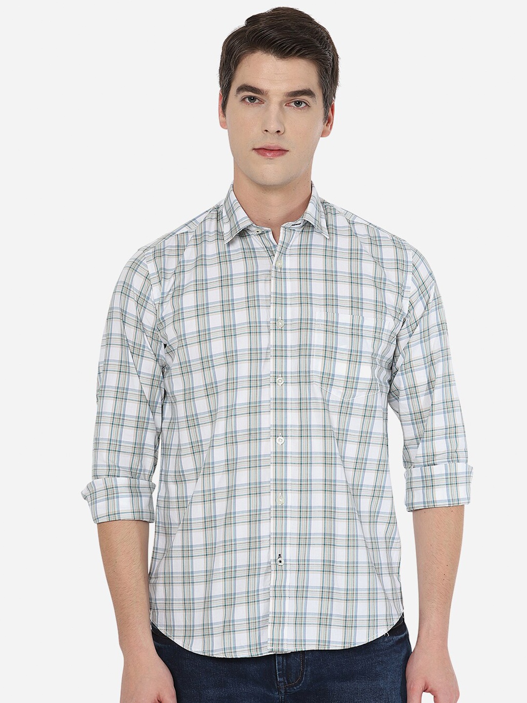 

JADE BLUE Men Off White & Beige Tartan Checks Checked Slim Fit Cotton Casual Shirt