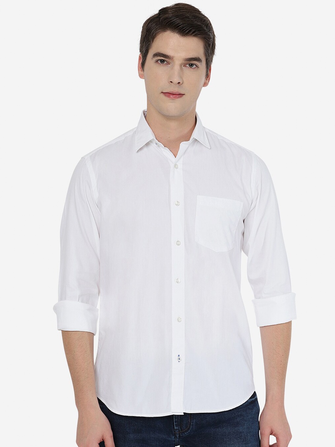 

JADE BLUE Men White Solid Slim Fit Cotton Casual Shirt
