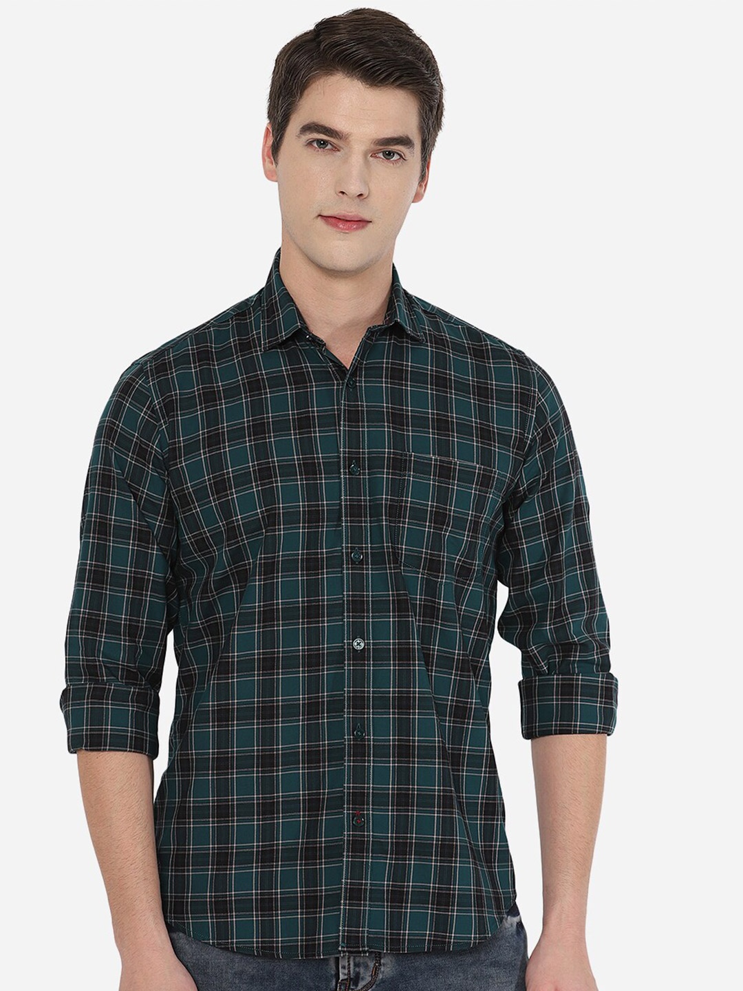 

JADE BLUE Men Green & Black Tight Slim Fit Tartan Checks Checked Casual Shirt