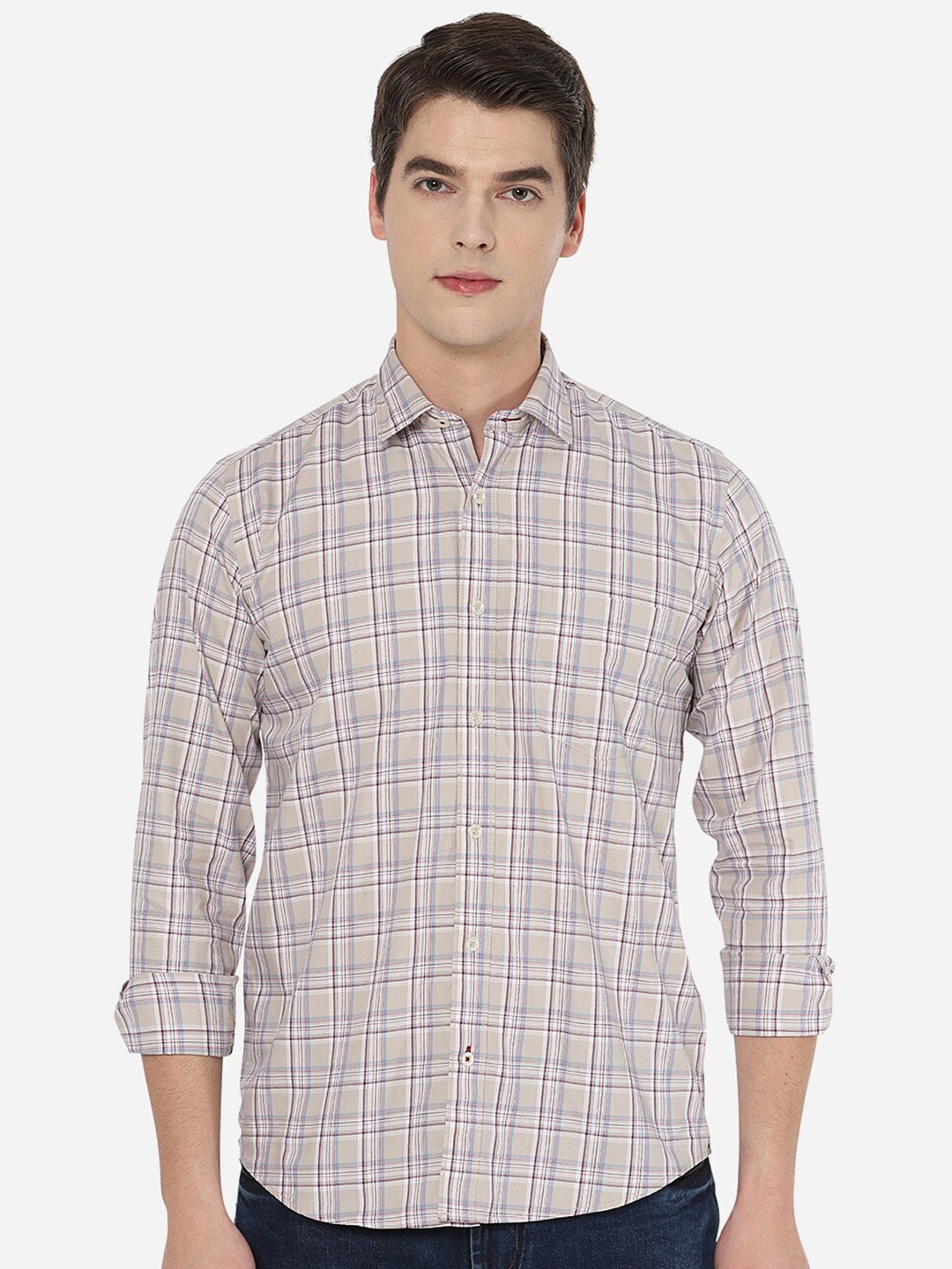 

JADE BLUE Men Beige Checked Slim Fit Cotton Casual Shirt